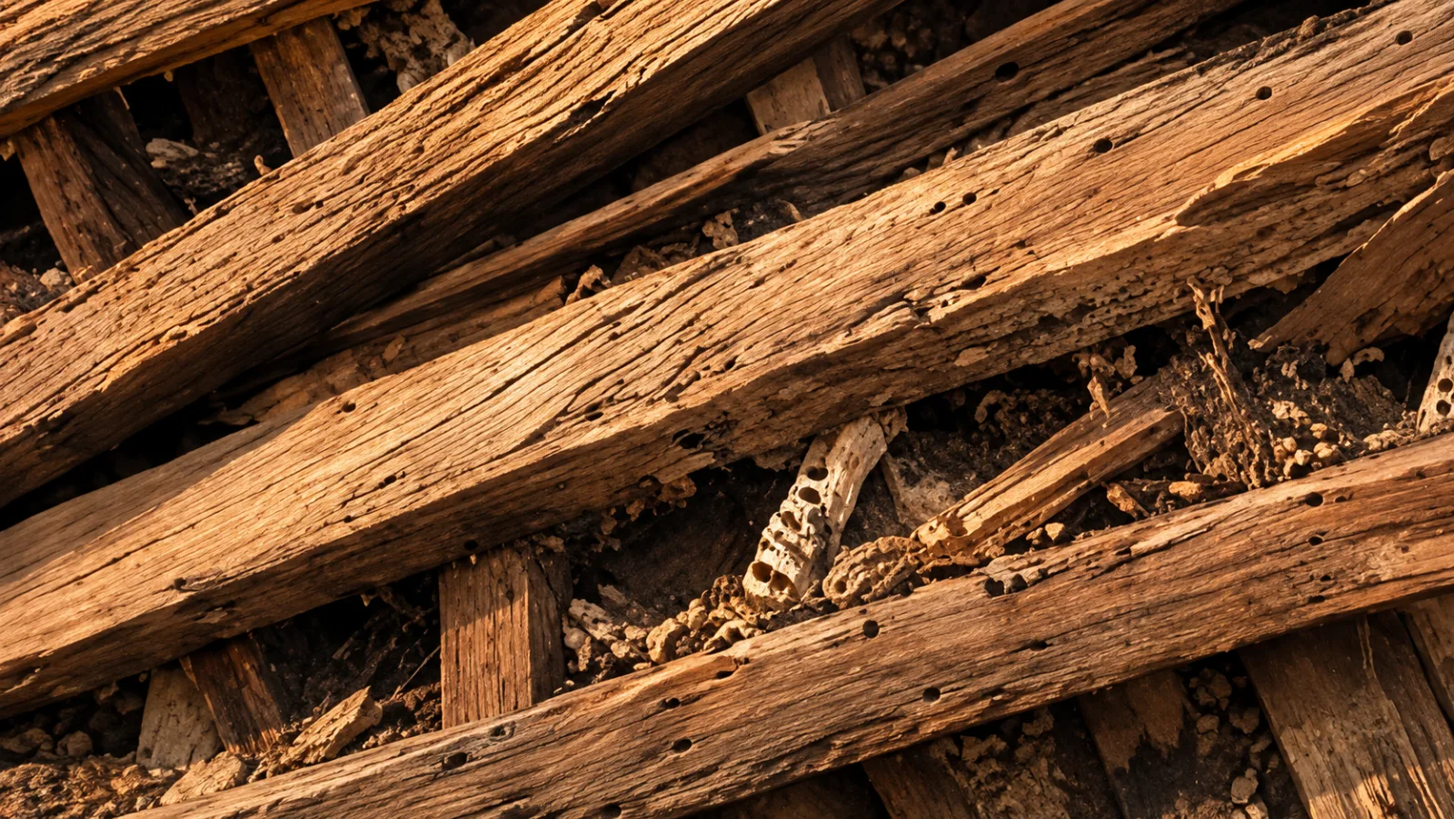 Poutres de charpente attaquées par des insectes